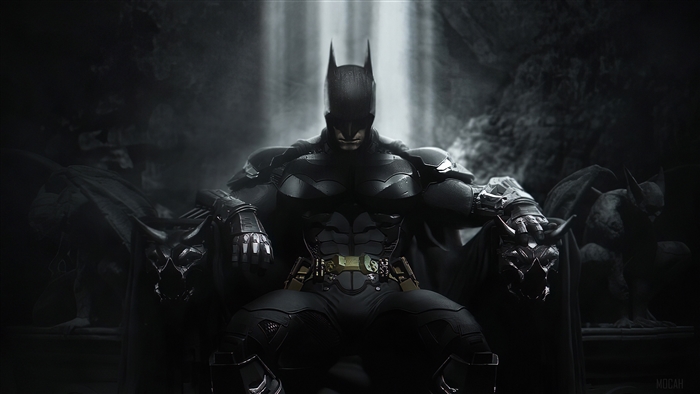 Batman sitting on a throne in a cave 4K