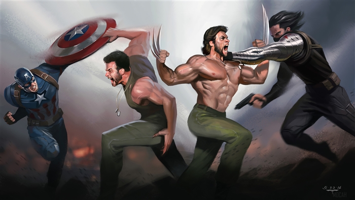 Captain America, Wolverine, and Winter Soldier in battle