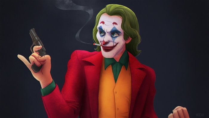Joker holding a gun and smoking