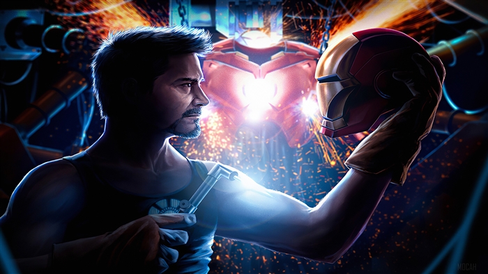 Tony Stark Holding Iron Man Helmet 4K Art