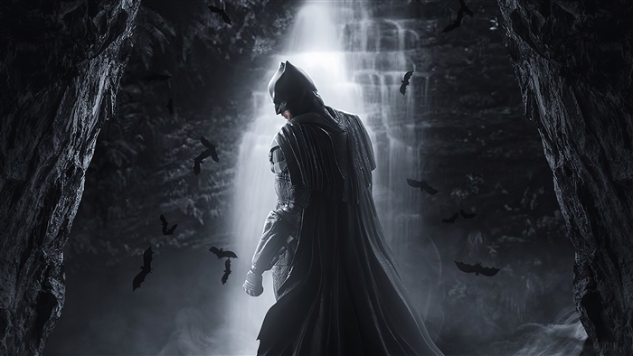 Batman in a cave with bats and waterfall 4K