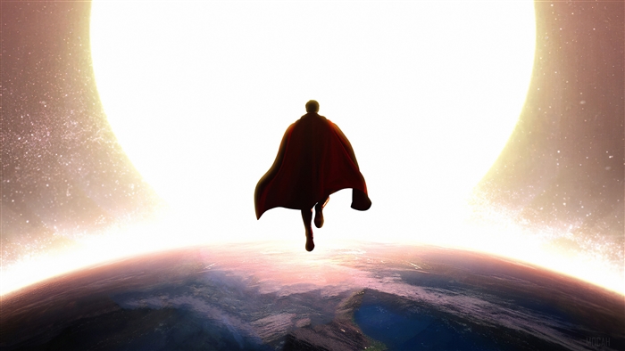 Superman flying over Earth with bright light behind