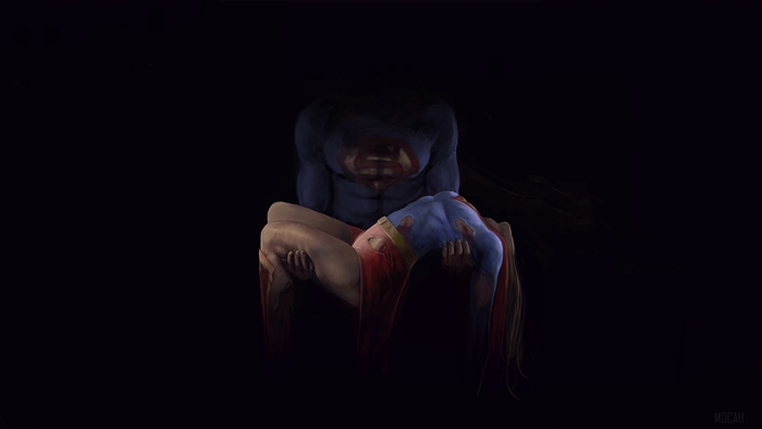 Superman holding Supergirl in the dark 4K