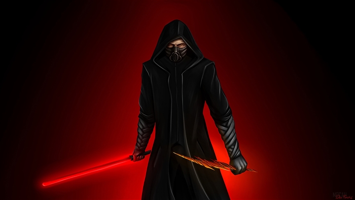 Dark hooded figure with red lightsabers and dagger 4K