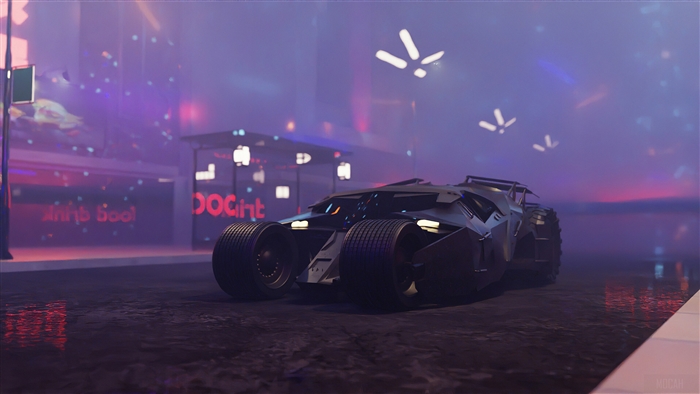 Batman's Batmobile in a neon city 4K