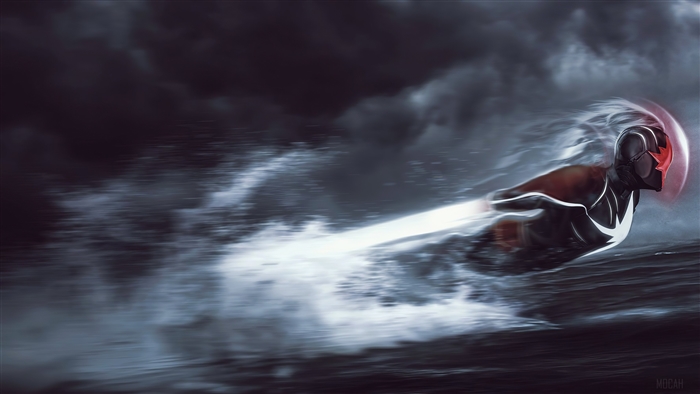 Captain Marvel flying at super speed over water