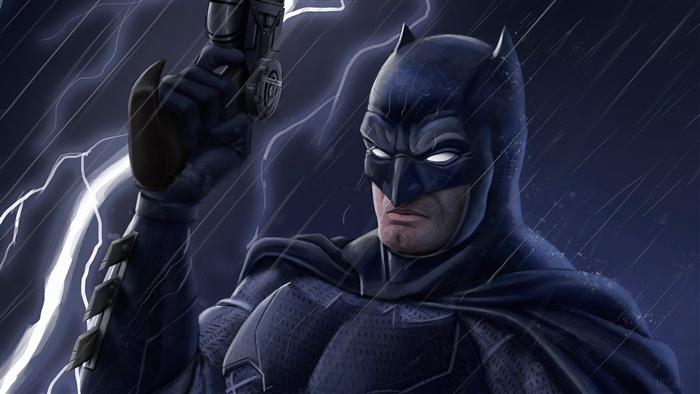 Batman holding a weapon in the rain with lightning