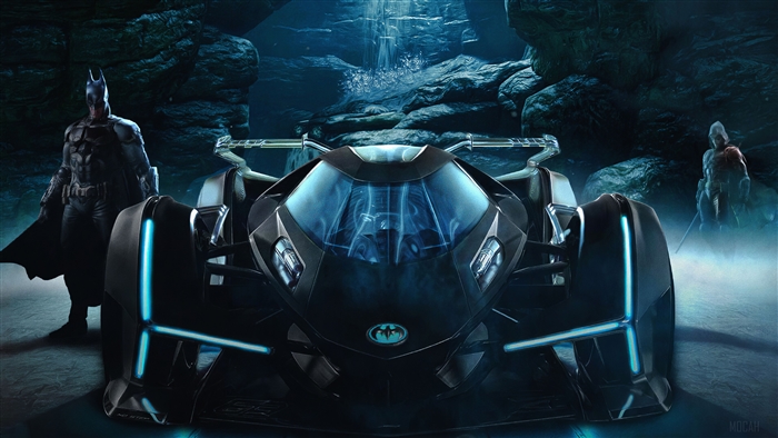 Batman from DC Comics with Batmobile in cave 4K