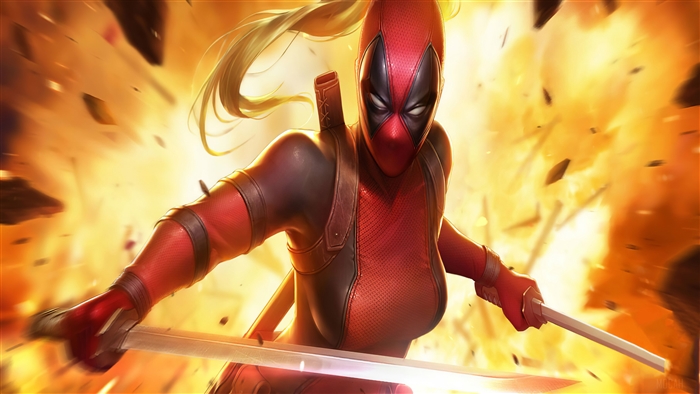 Lady Deadpool in action with swords and explosions