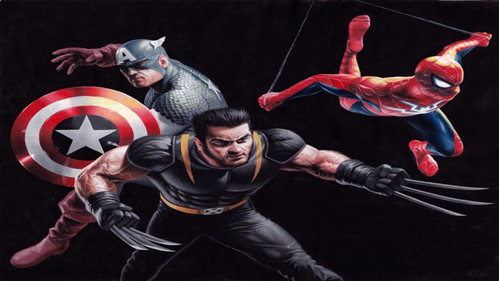 Captain America, Spider-Man, and Wolverine in 4K