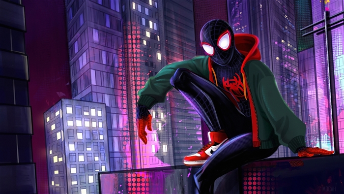 Spider-Man Miles Morales in a City at Night 4K