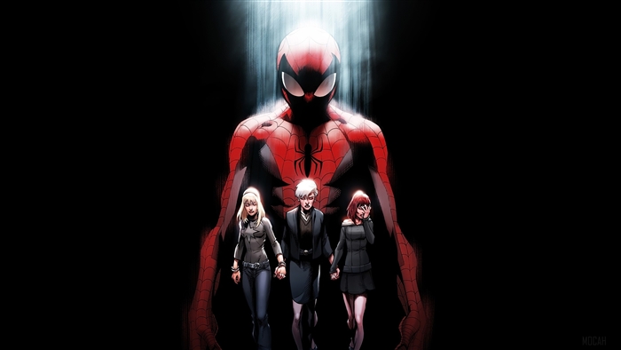 Spider-Man and three women in front of him 4K