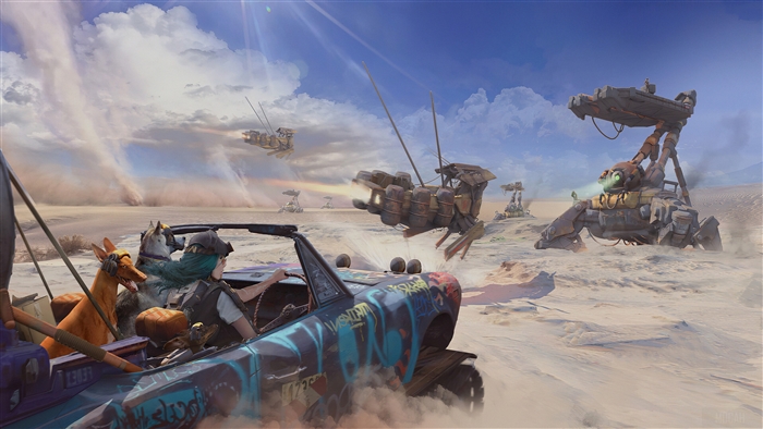 Car attacking robotic ships in a desert 4K