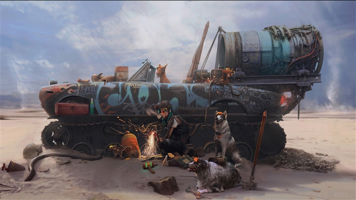 Girl welding a tank with dogs in a desert 4K