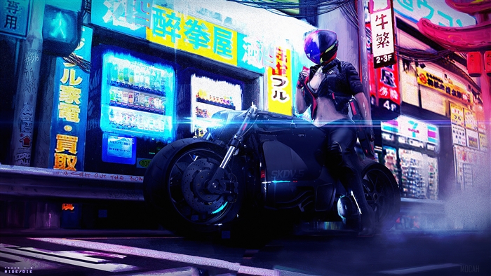Cyberpunk girl on a motorcycle in a neon city