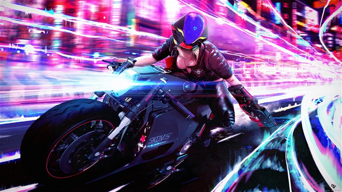 Cyberpunk girl riding a motorcycle in a neon city 4K