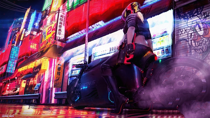 Cyberpunk girl with a gun on a motorcycle in a neon city