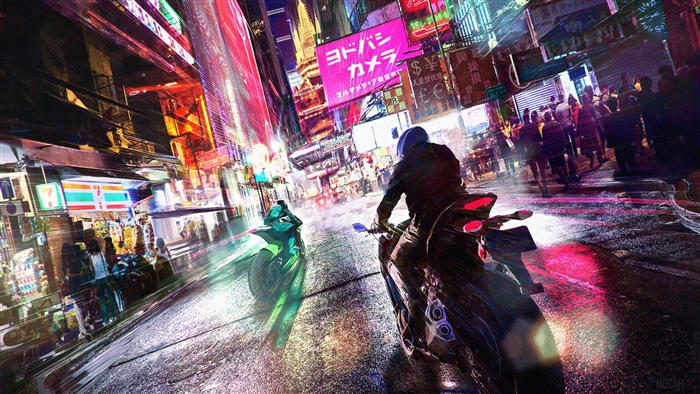Two bikers race down a neon-lit street at night