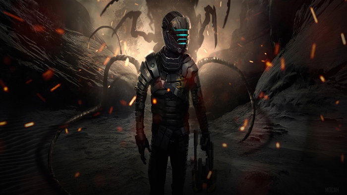 Isaac Clarke from Dead Space in a dark landscape