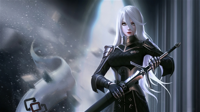 White Haired Warrior in Black Dress 4K