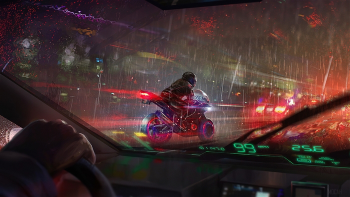 Motorcyclist on a rainy night city street 4K