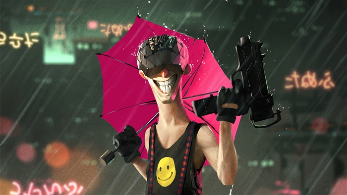 Cyberpunk man with a gun and umbrella in the rain
