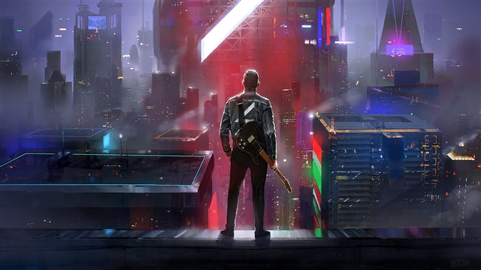 Man with guitar on rooftop overlooking futuristic city 4K