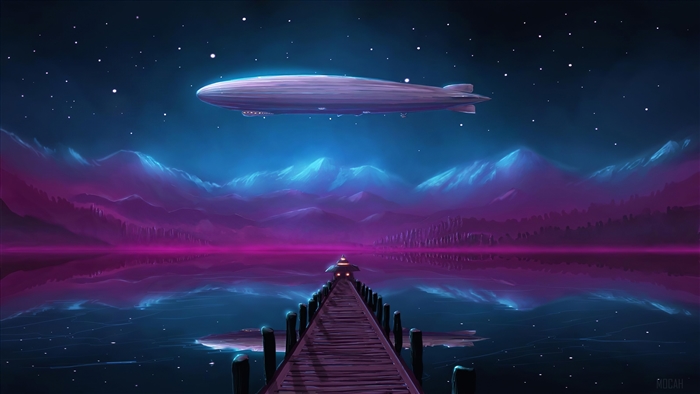 Airship over a lake with a pier and mountains