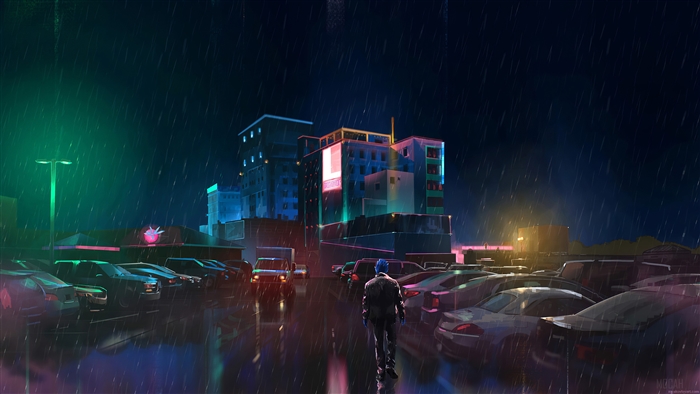 Man Walking in Neon City Parking Lot in Rain 4K