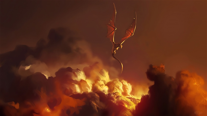 Dragon flying through fiery clouds 4K