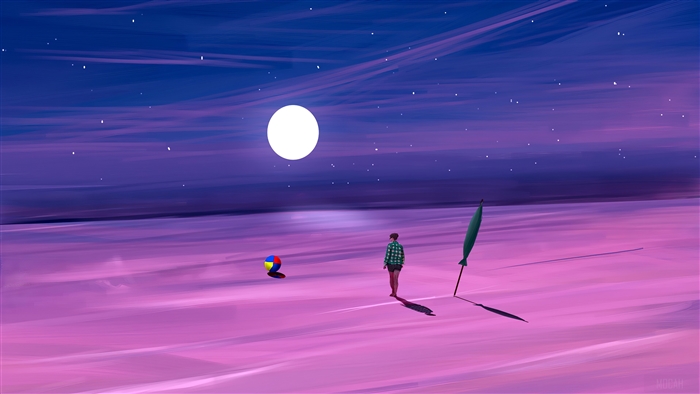 Person on a beach with a ball and flag under the moon