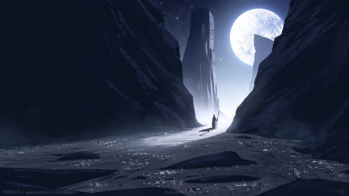 Figure Walking in Canyon Under Moonlight 4K