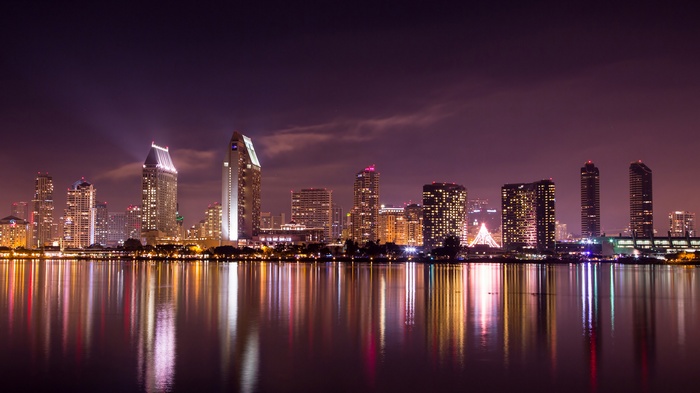 San Diego skyline at night with water reflections