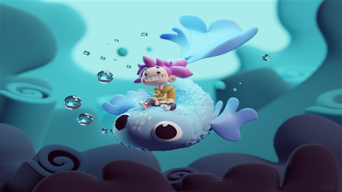 Cartoon girl riding a blue fish underwater