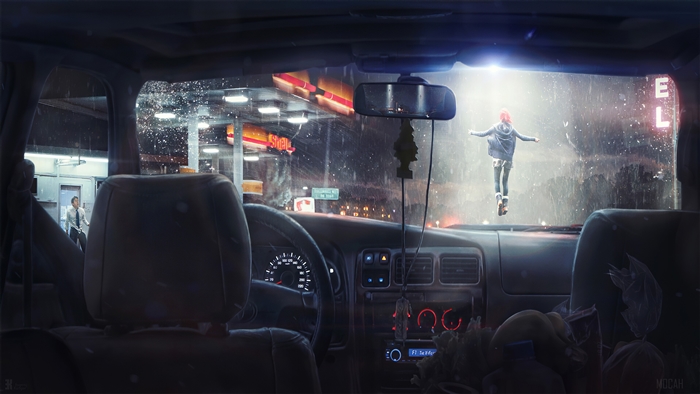 Girl levitating outside car at Shell station