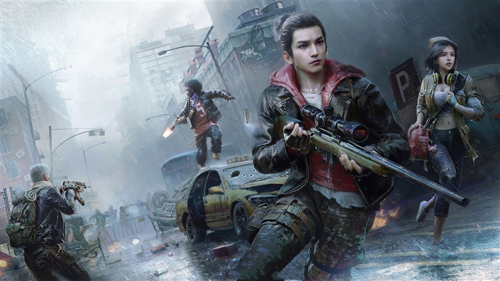 Survivors fighting zombies in a ruined city 4K