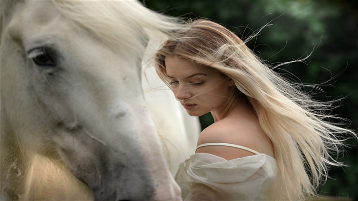 Beautiful Girl With White Horse 4K