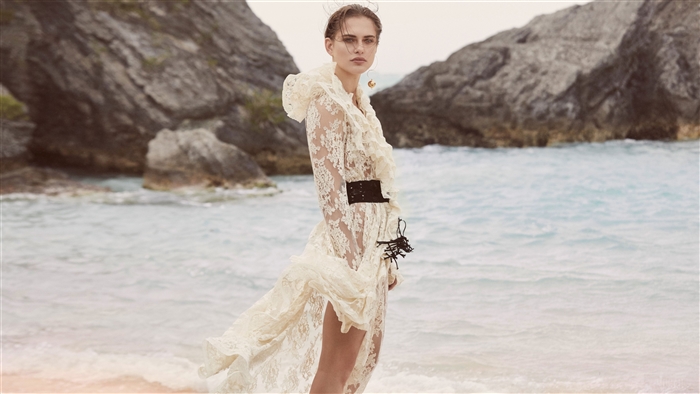 Model in White Dress on Beach 4K