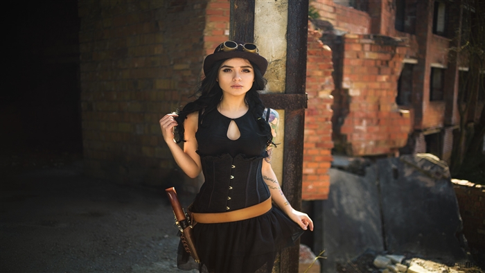 Girl in Steampunk Outfit with Tattoos