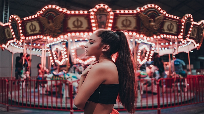 Girl at Amusement Park Carousel 4K