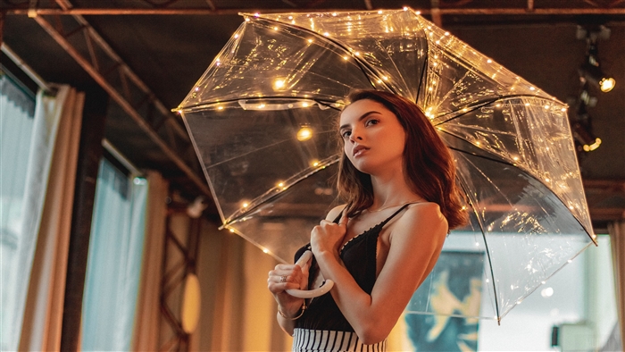 Girl Holding Lighted Umbrella 4K
