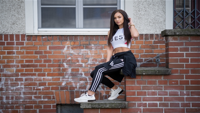 Pretty Girl in Adidas Sitting on Brick Stairs 4K