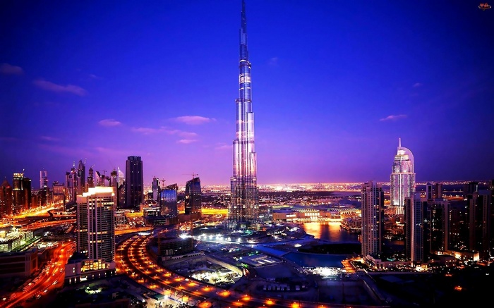Burj Khalifa and Dubai skyline at night