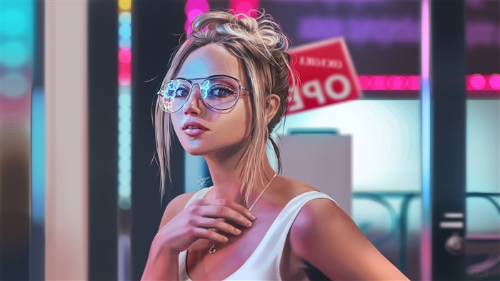 Blonde girl with glasses in neon lights