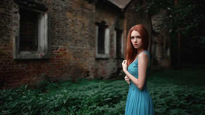 Woman in Blue Dress with Red Hair 4K