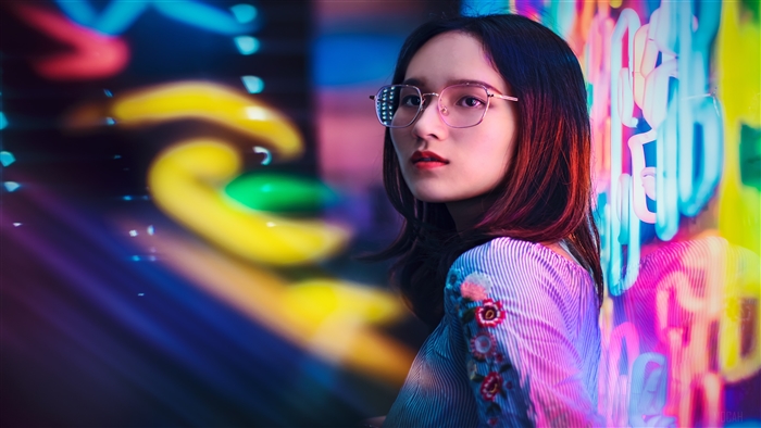 Asian Girl with Glasses Near Neon Signs 4K