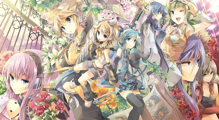 Vocaloid characters in a garden with flowers