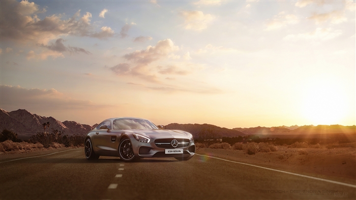 Mercedes-AMG GT S Coupe on Desert Road at Sunset 4K