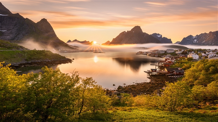 Reine Norway Mountains Fog Sunrise Bay 4K