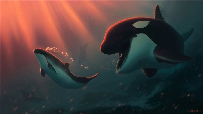 Orca and Dolphin with Sunbeams 4K